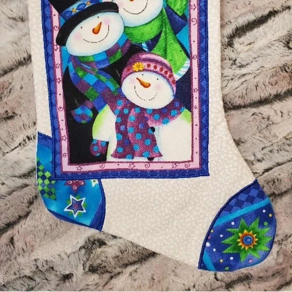 Joy Snowman Family Winter Snowflake Christmas 17 Inch Stocking Green Blue Purple